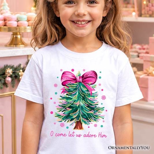Kids' Glitter Christmas Tree Bow T-Shirt — O Come Let Us Adore Him