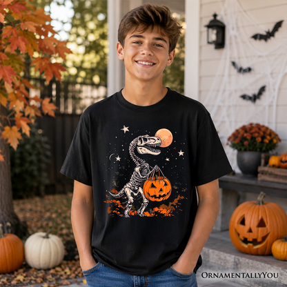Spooky Saurus Kids T-Shirt, Halloween Dinosaur Skeleton Pumpkin Tee for Youth