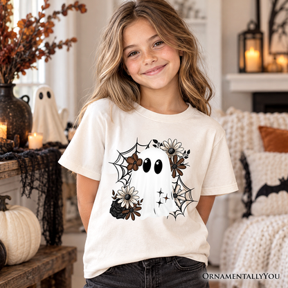 Kids Floral Ghost T-Shirt, Neutral Boho Halloween Spider Web Youth Tee