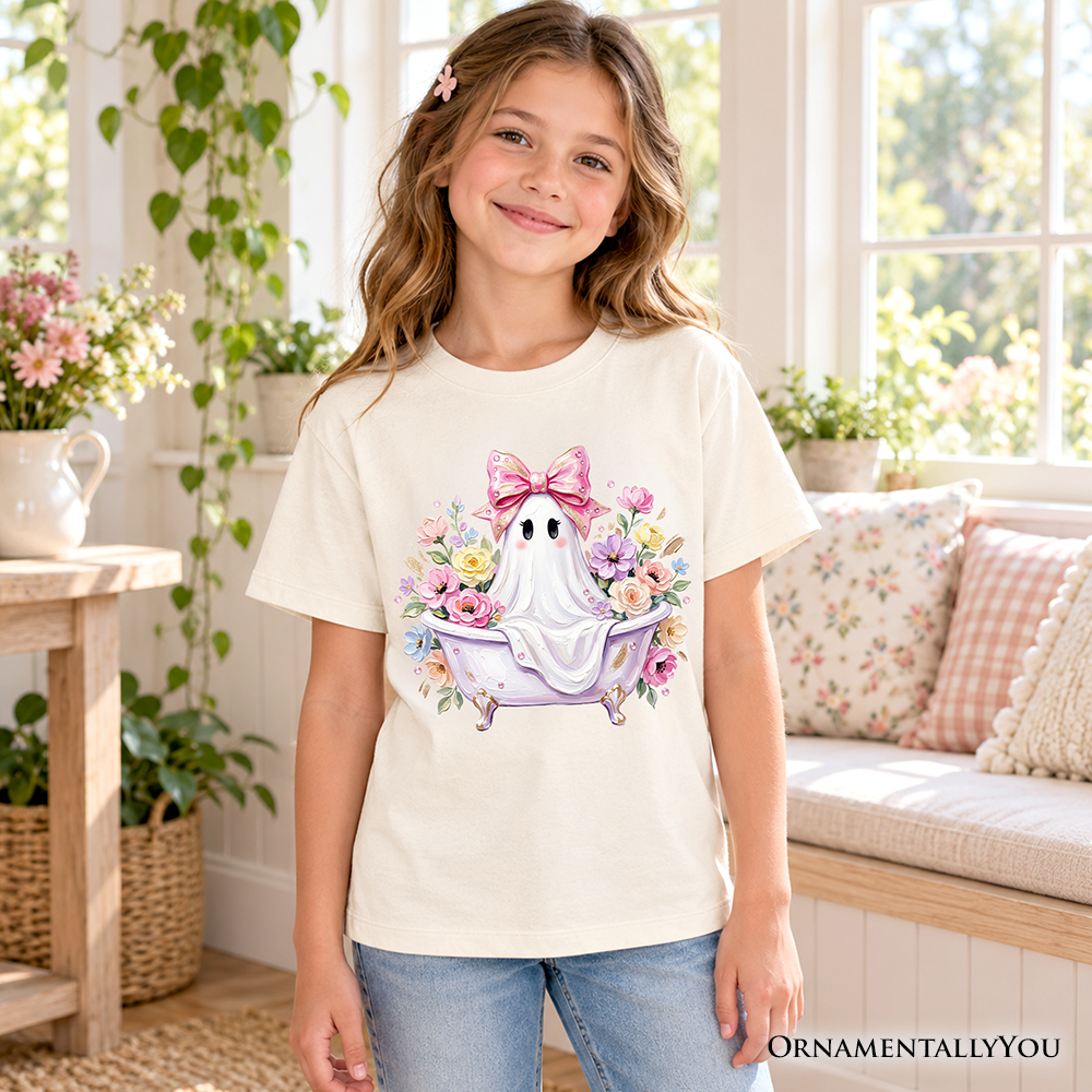 Kids Pink Bow Bathtub Ghost T-Shirt, Floral Coquette Halloween Youth Tee