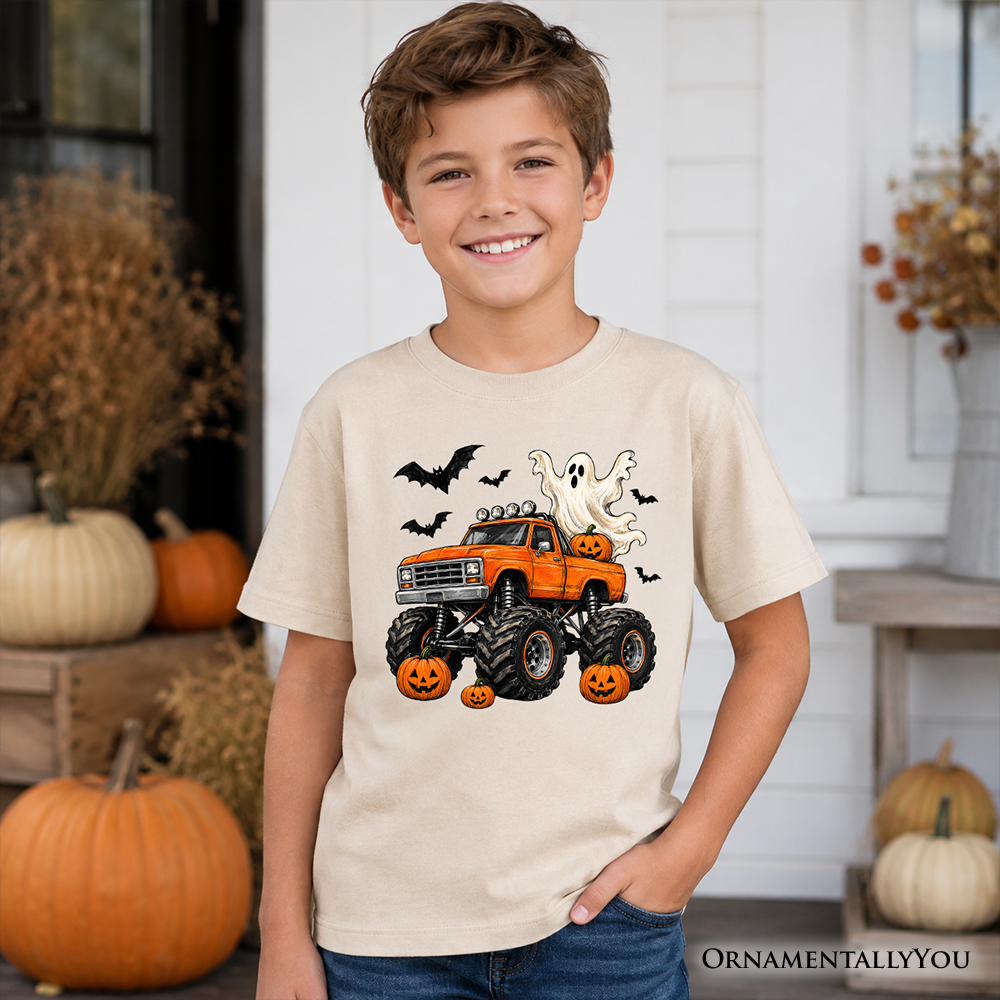 Halloween Monster Truck Kids T-Shirt, Ghost Pumpkin Spooky Vehicle Tee for Youth Boys