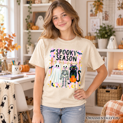 Kids Spooky Season Ghost Skeleton Cat T-Shirt, Colorful Halloween Costume Youth Tee