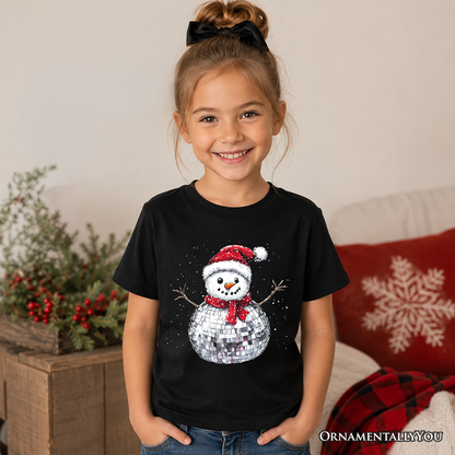 Kids Disco Snowman Christmas T-Shirt, Retro Holiday Youth Tee for Dancers