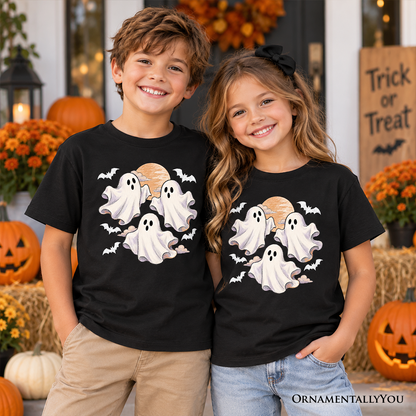Vintage Ghost Kids T-Shirt, Spooky Halloween Full Moon Tee for Youth