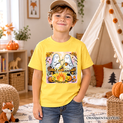 Kids Cozy Campfire Ghosts T-Shirt, Fall Halloween Pumpkin Youth Tee