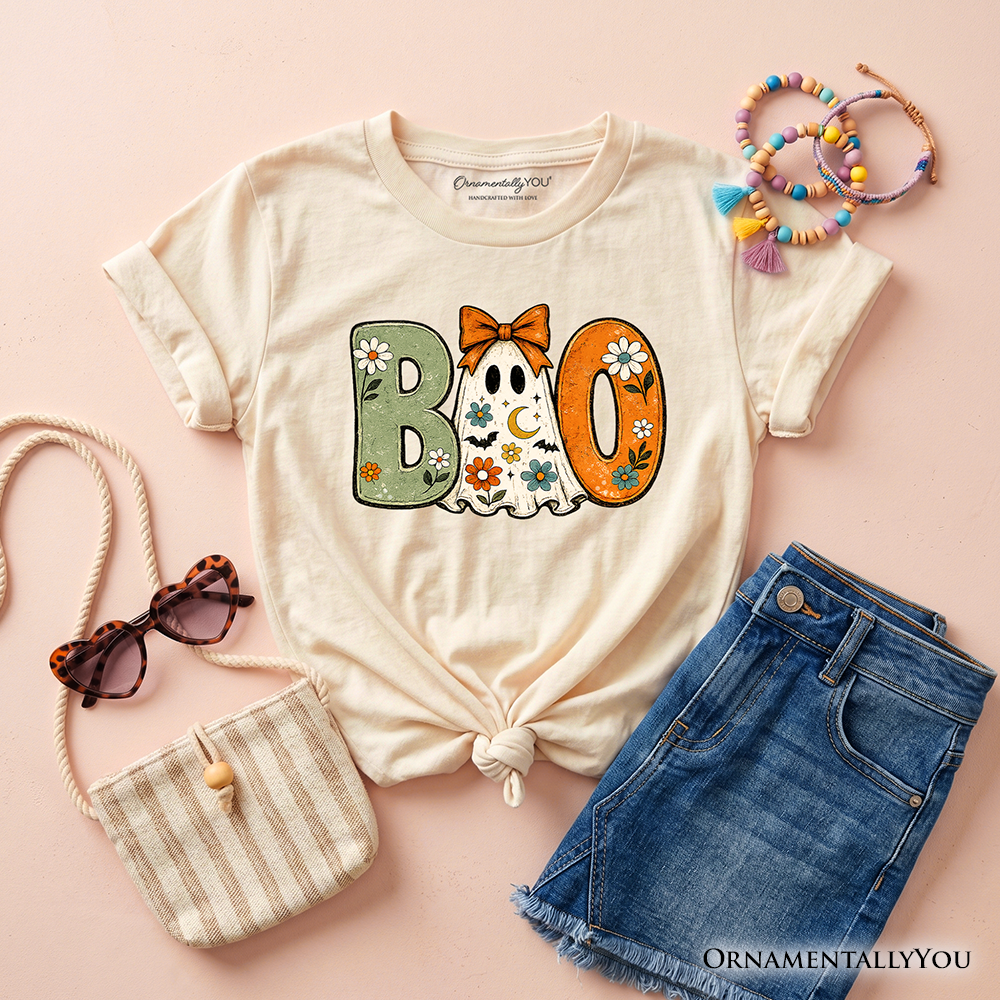 Boo Floral Ghost Kids T-Shirt, Coquette Bow Halloween Tee for Youth Girls