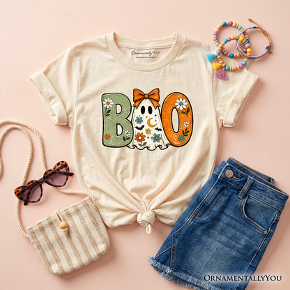 Boo Floral Ghost Kids T-Shirt, Coquette Bow Halloween Tee for Youth Girls