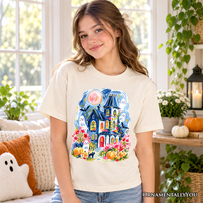 Kids Watercolor Haunted House T-Shirt, Colorful Ghost Pumpkin Halloween Youth Tee