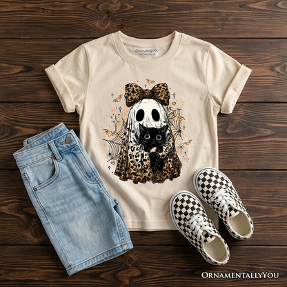 Kids Leopard Bow Ghost with Black Cat T-Shirt, Spooky Halloween Spider Web Youth Tee
