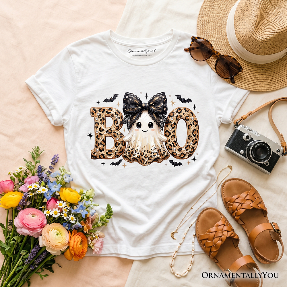 Boo Ghost Leopard Kids T-Shirt, Coquette Bow Halloween Tee for Youth Girls