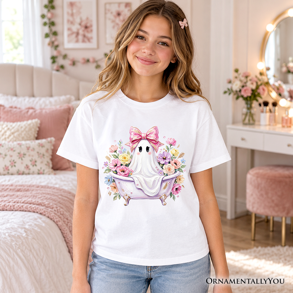 Kids Pink Bow Bathtub Ghost T-Shirt, Floral Coquette Halloween Youth Tee