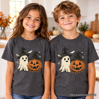 Kids Witch Hat Ghost and Pumpkin T-Shirt, Vintage Halloween Jack O’ Lantern Youth Tee