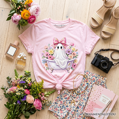 Kids Pink Bow Bathtub Ghost T-Shirt, Floral Coquette Halloween Youth Tee