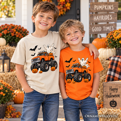 Halloween Monster Truck Kids T-Shirt, Ghost Pumpkin Spooky Vehicle Tee for Youth Boys