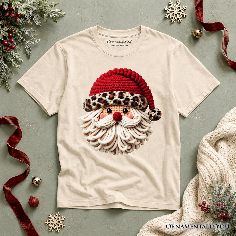 Kids Santa Leopard Hat Christmas T-Shirt, Imitation Latch Hook Yarn Cozy Youth Tee