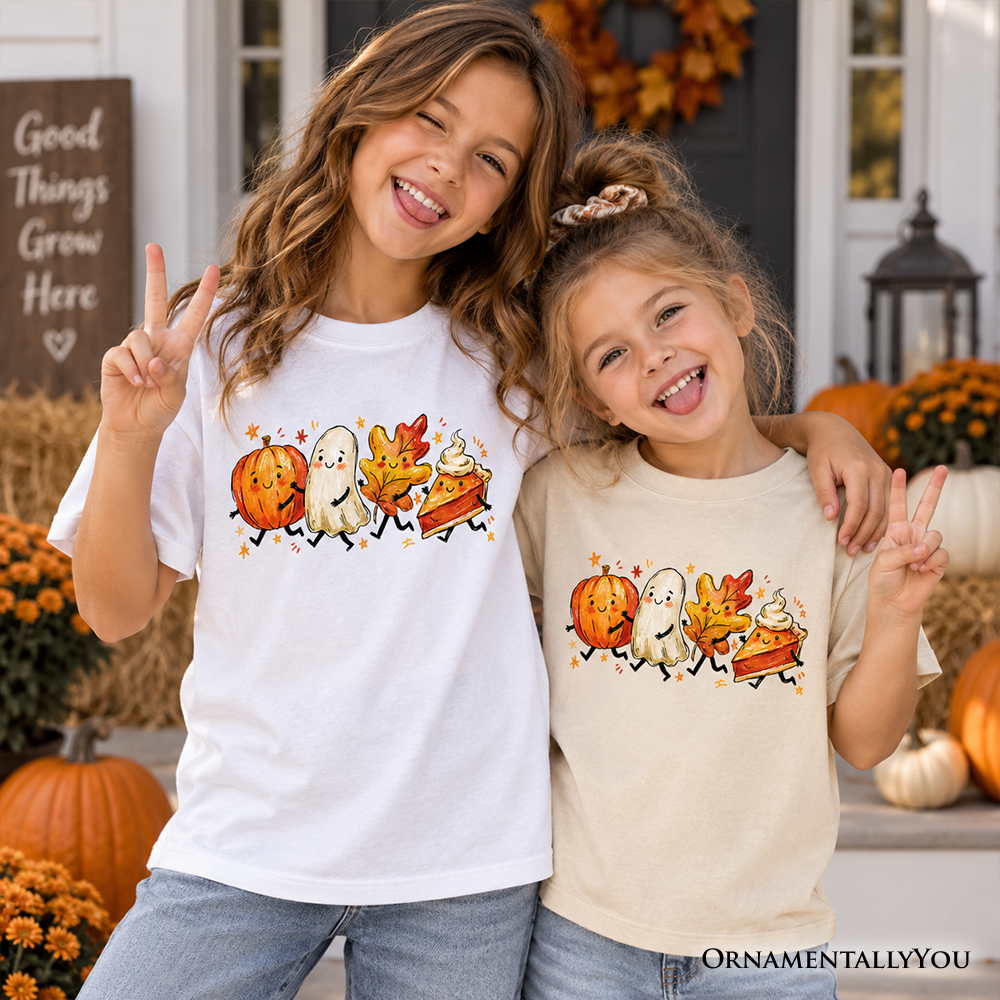 Kids Cute Fall Characters T-Shirt, Pumpkin Ghost Leaf Pie Autumn Youth Tee