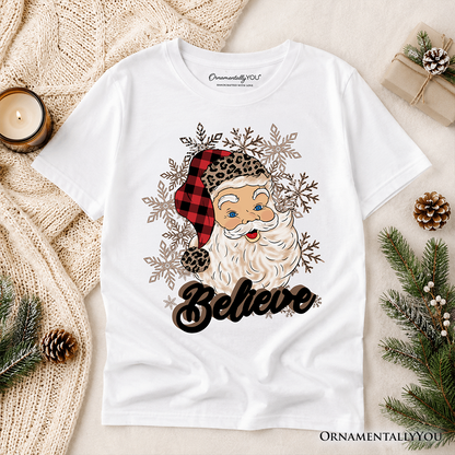 Kids Believe Santa Buffalo Plaid T-Shirt, Retro Christmas Youth Tee