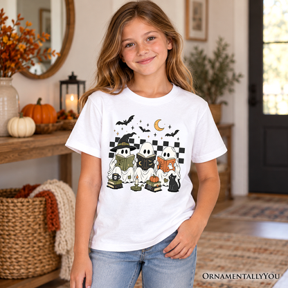 Kids Bookish Ghosts Reading T-Shirt, Checkered Halloween Witch Cat Youth Tee