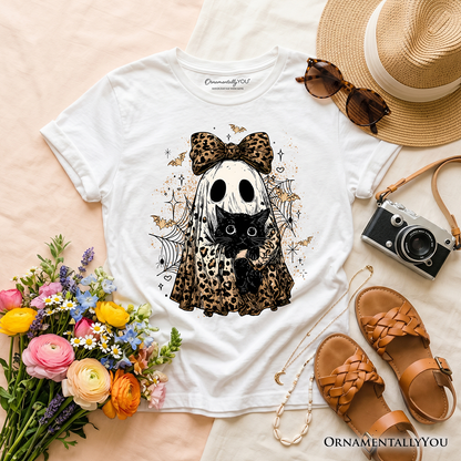 Kids Leopard Bow Ghost with Black Cat T-Shirt, Spooky Halloween Spider Web Youth Tee