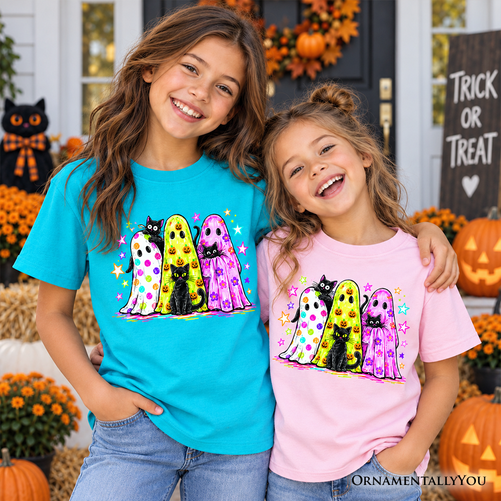 Kids Colorful Ghosts and Black Cats T-Shirt, Neon Halloween Spooky Season Youth Tee