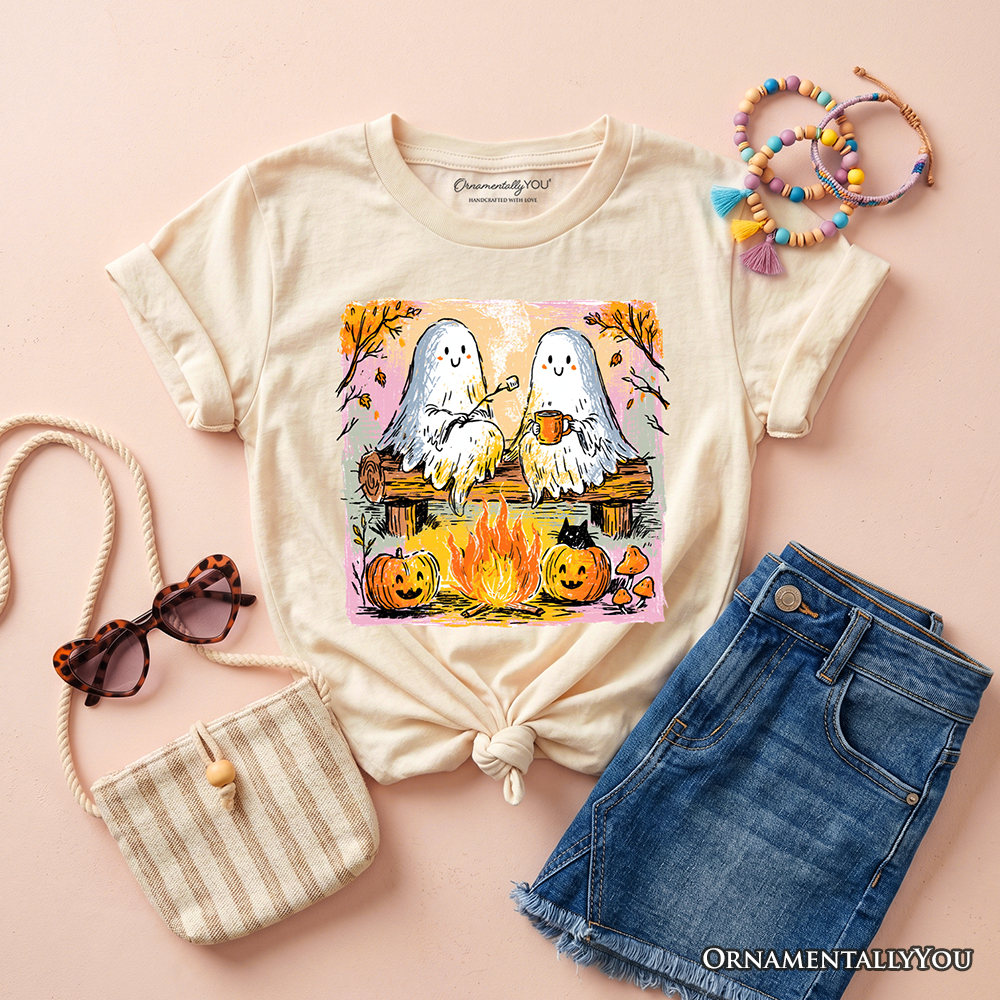 Kids Cozy Campfire Ghosts T-Shirt, Fall Halloween Pumpkin Youth Tee