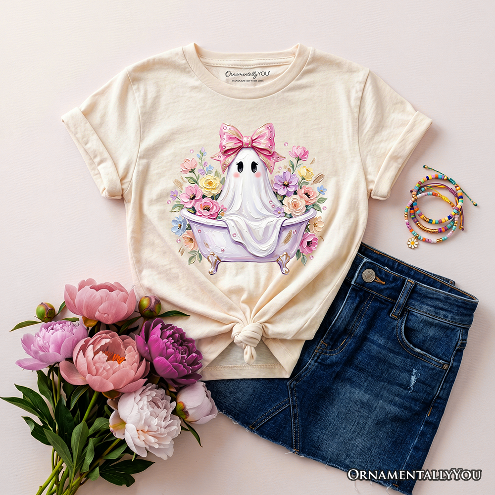 Kids Pink Bow Bathtub Ghost T-Shirt, Floral Coquette Halloween Youth Tee