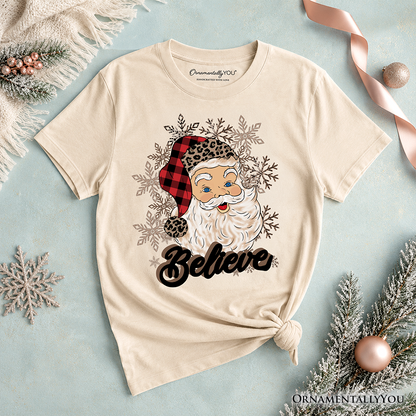 Kids Believe Santa Buffalo Plaid T-Shirt, Retro Christmas Youth Tee