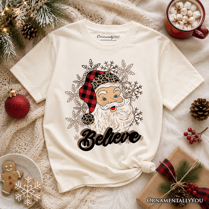 Kids Believe Santa Buffalo Plaid T-Shirt, Retro Christmas Youth Tee