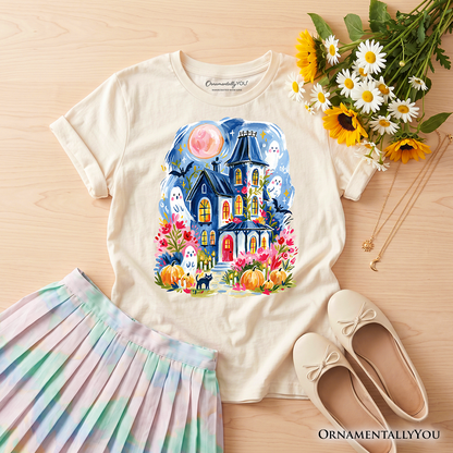 Kids Watercolor Haunted House T-Shirt, Colorful Ghost Pumpkin Halloween Youth Tee