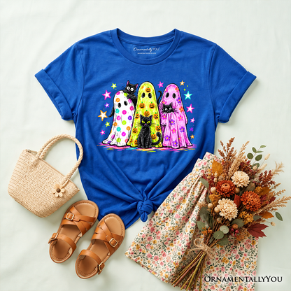 Kids Colorful Ghosts and Black Cats T-Shirt, Neon Halloween Spooky Season Youth Tee