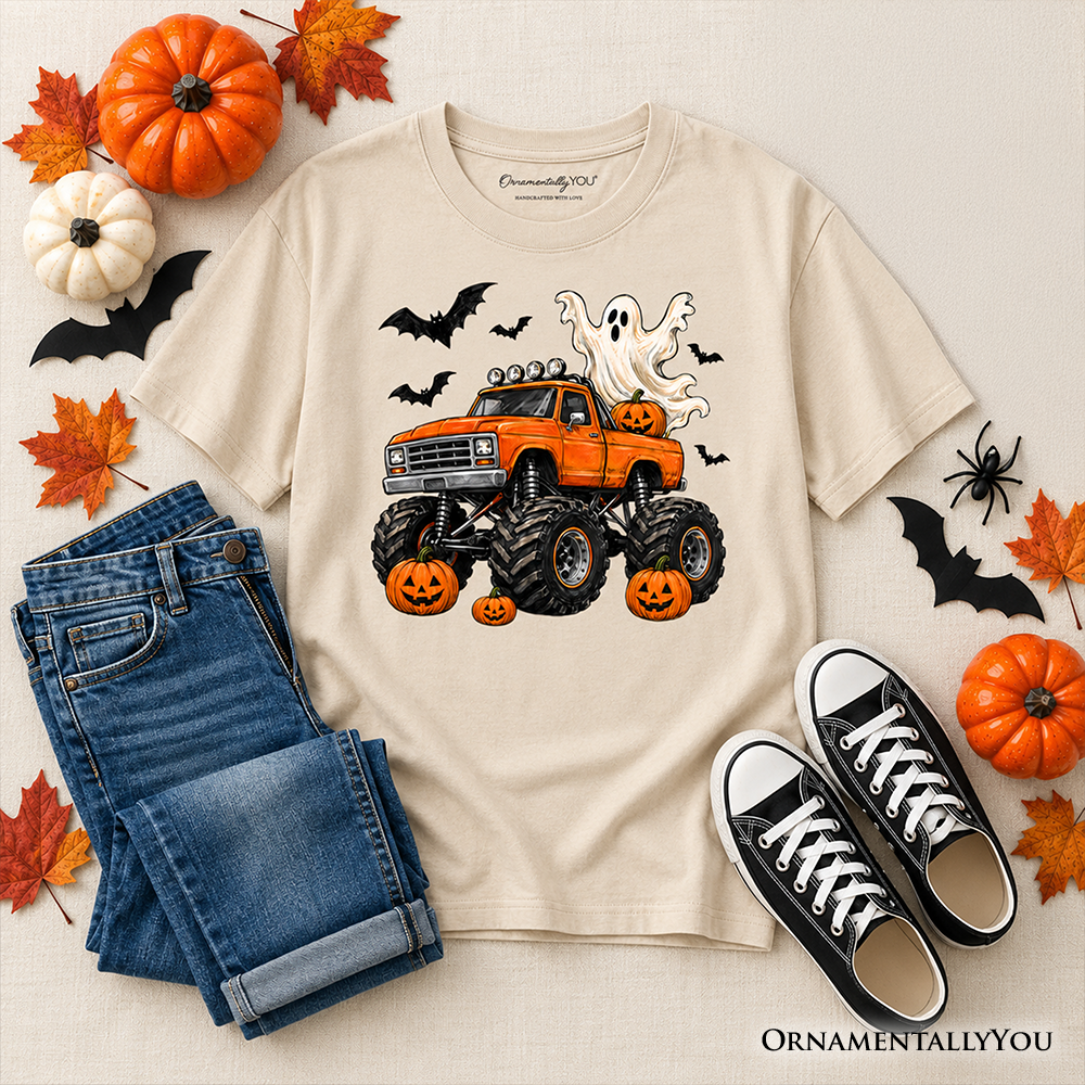 Halloween Monster Truck Kids T-Shirt, Ghost Pumpkin Spooky Vehicle Tee for Youth Boys