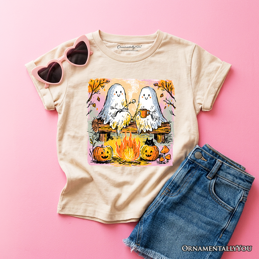 Kids Cozy Campfire Ghosts T-Shirt, Fall Halloween Pumpkin Youth Tee