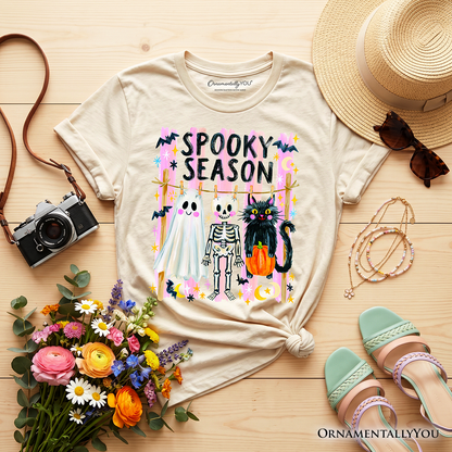 Kids Spooky Season Ghost Skeleton Cat T-Shirt, Colorful Halloween Costume Youth Tee