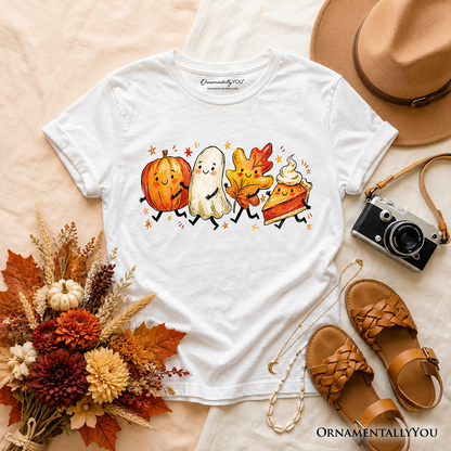 Kids Cute Fall Characters T-Shirt, Pumpkin Ghost Leaf Pie Autumn Youth Tee
