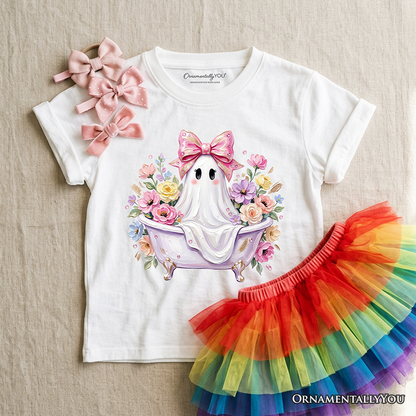 Kids Pink Bow Bathtub Ghost T-Shirt, Floral Coquette Halloween Youth Tee