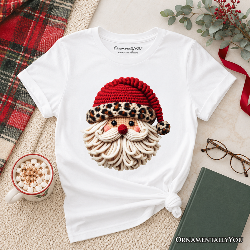 Kids Santa Leopard Hat Christmas T-Shirt, Imitation Latch Hook Yarn Cozy Youth Tee