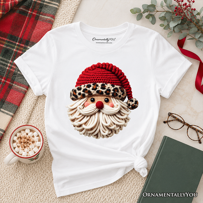 Kids Santa Leopard Hat Christmas T-Shirt, Imitation Latch Hook Yarn Cozy Youth Tee