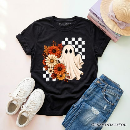 Kids Checkered Floral Ghost T-Shirt, Vintage Fall Halloween Daisy Youth Tee