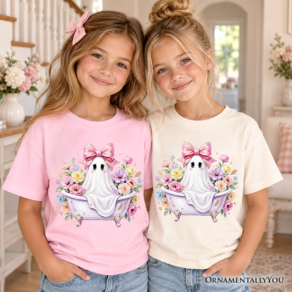 Kids Pink Bow Bathtub Ghost T-Shirt, Floral Coquette Halloween Youth Tee