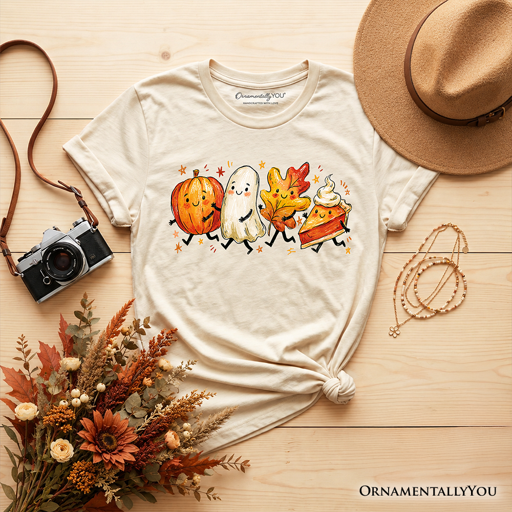 Kids Cute Fall Characters T-Shirt, Pumpkin Ghost Leaf Pie Autumn Youth Tee