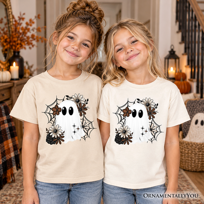 Kids Floral Ghost T-Shirt, Neutral Boho Halloween Spider Web Youth Tee