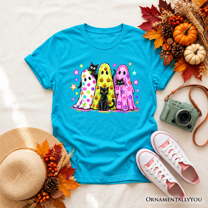 Kids Colorful Ghosts and Black Cats T-Shirt, Neon Halloween Spooky Season Youth Tee