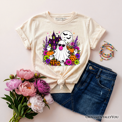 Kids Bubblegum Ghost Haunted House T-Shirt, Colorful Floral Halloween Pumpkin Youth Tee