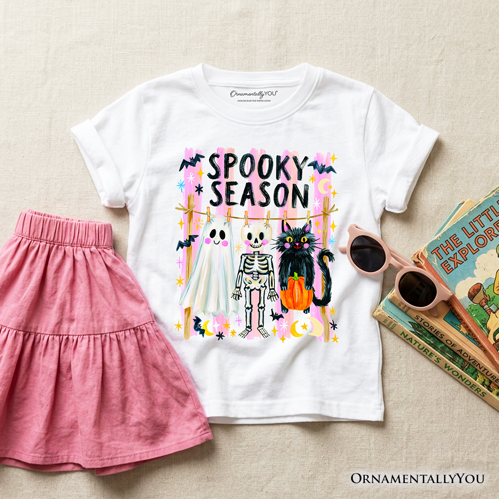Kids Spooky Season Ghost Skeleton Cat T-Shirt, Colorful Halloween Costume Youth Tee