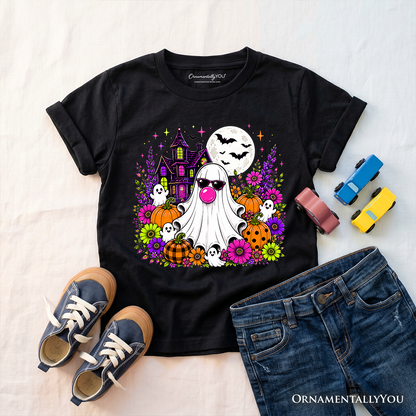 Kids Bubblegum Ghost Haunted House T-Shirt, Colorful Floral Halloween Pumpkin Youth Tee