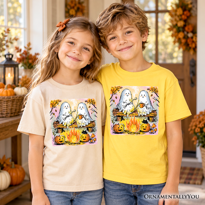 Kids Cozy Campfire Ghosts T-Shirt, Fall Halloween Pumpkin Youth Tee