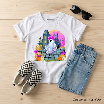 Haunted House Ghost Kids T-Shirt, Coquette Bow Halloween Tee for Youth Girls
