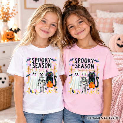 Kids Spooky Season Ghost Skeleton Cat T-Shirt, Colorful Halloween Costume Youth Tee