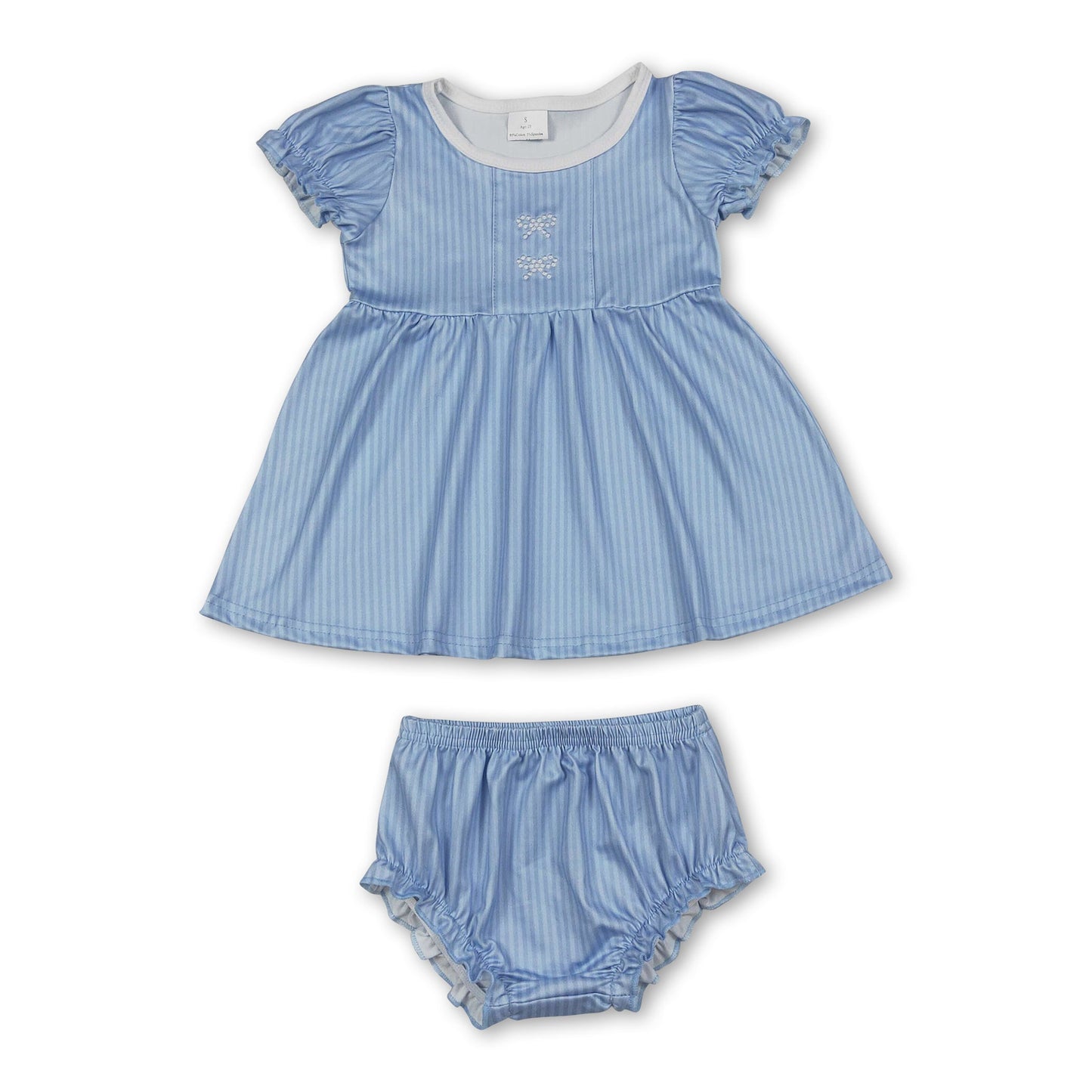 Stripe short sleeves bow embroidery tunic bummies girls set