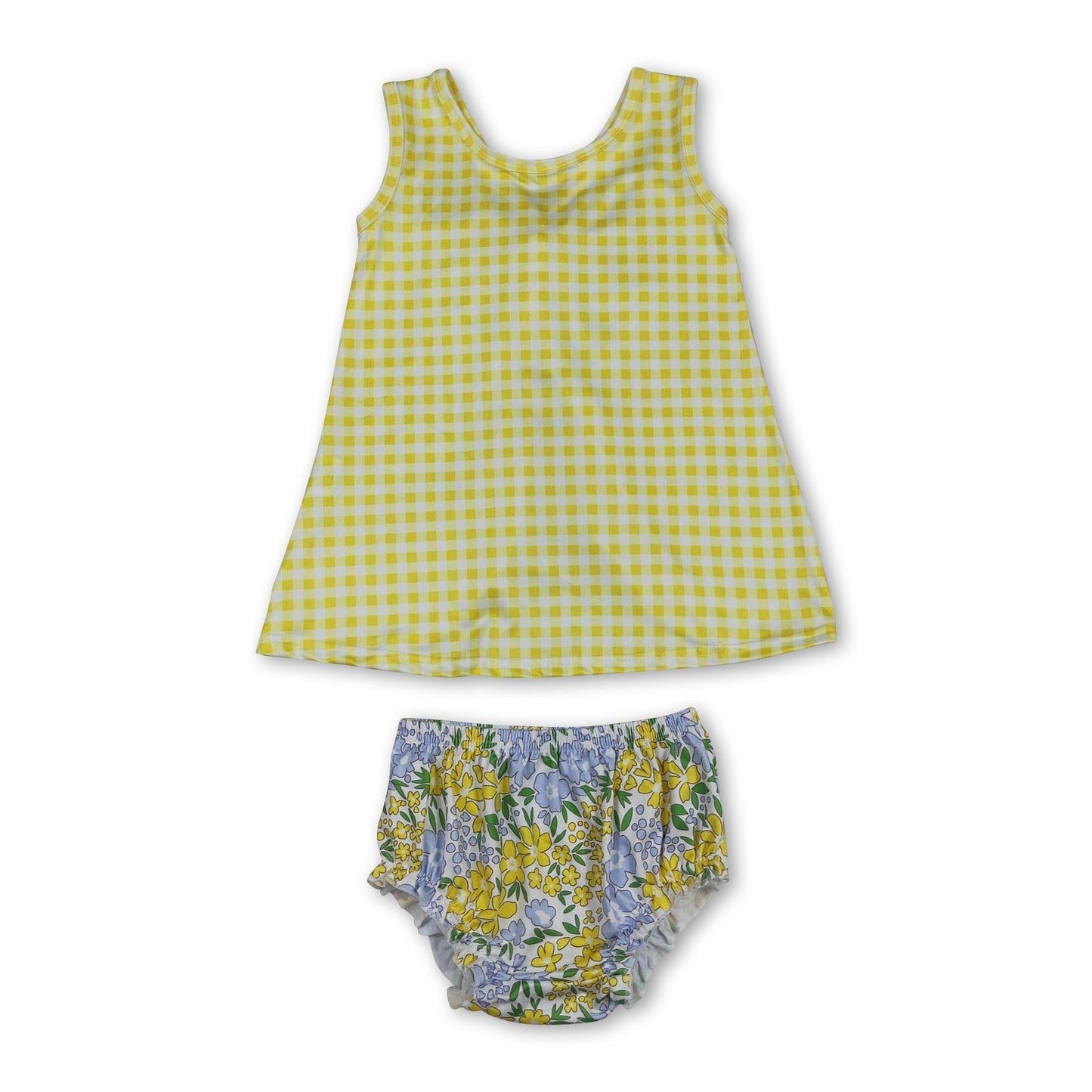 Sleeveless yellow plaid top floral bummies baby girls set